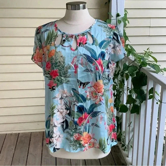 RSVP by Talbots Blouse Aqua Tropical Jungle Print L Flutter Sleeve Floral Monkey - Picture 2 of 9